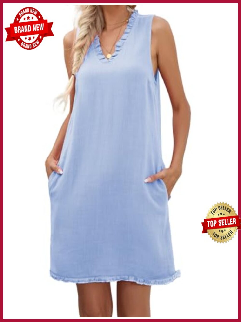 Women Sleeveless Ruffled Deep V Neck Cotton Linen Shift Dress with Pockets